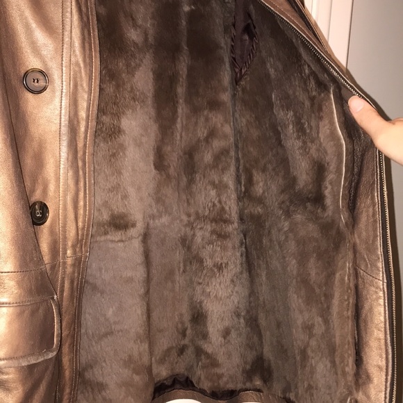 NINA RICCI leather coat with rabbit fur lining bronze metallic vintage RARE L/XL - Picture 8 of 17